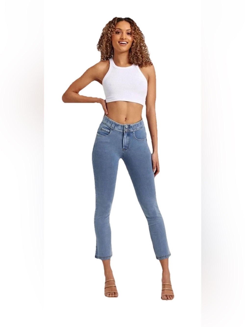 Freddy N.O.W® Denim-High Waisted-Kick Flare-Light Blue + Yellow Stitching Large